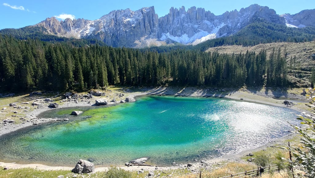 Panoramic view of the emerald green Lake Carezza in the Dolomites, surrounded by pine forests and jagged mountains.