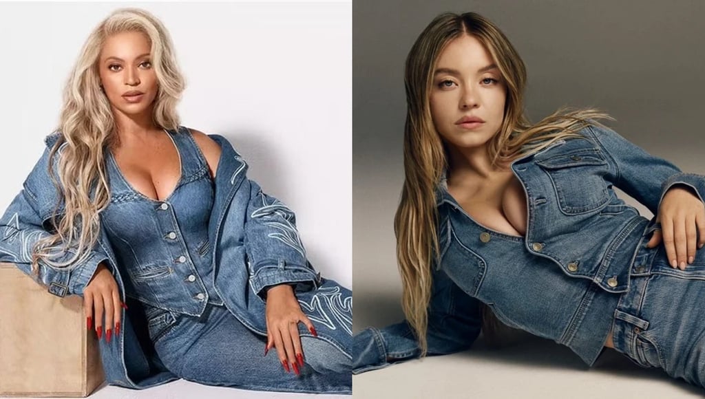 Beyoncé in Levi’s Reiimagine denim campaign next to Sydney Sweeney in American Eagle jeans ad.