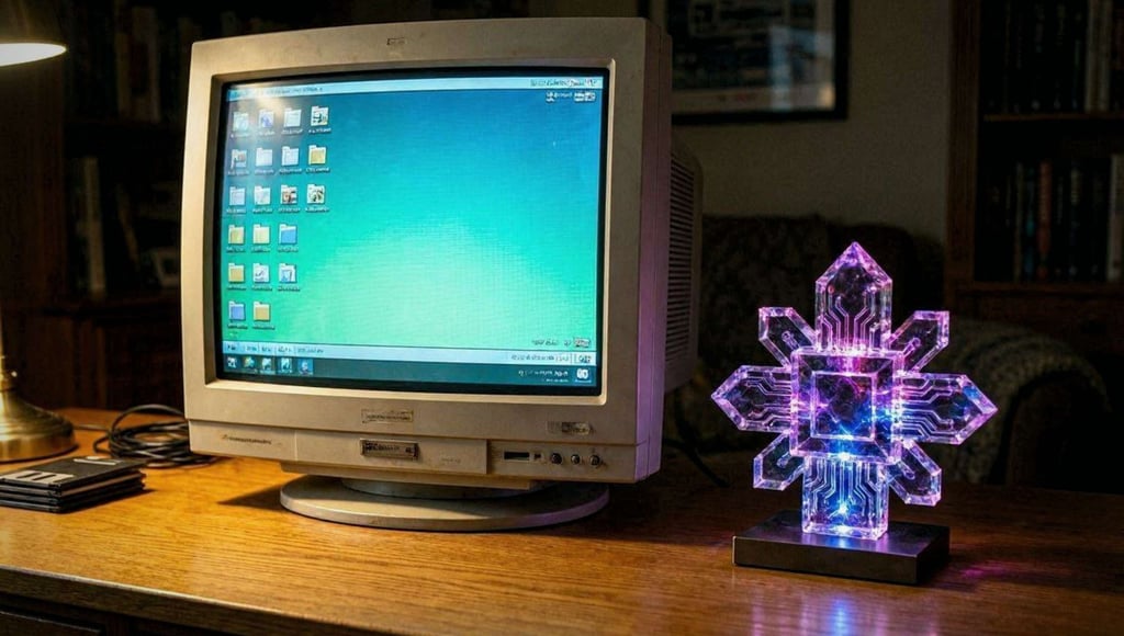 An ultra-high-definition digital artwork of a classic 90s personal computer workstation.