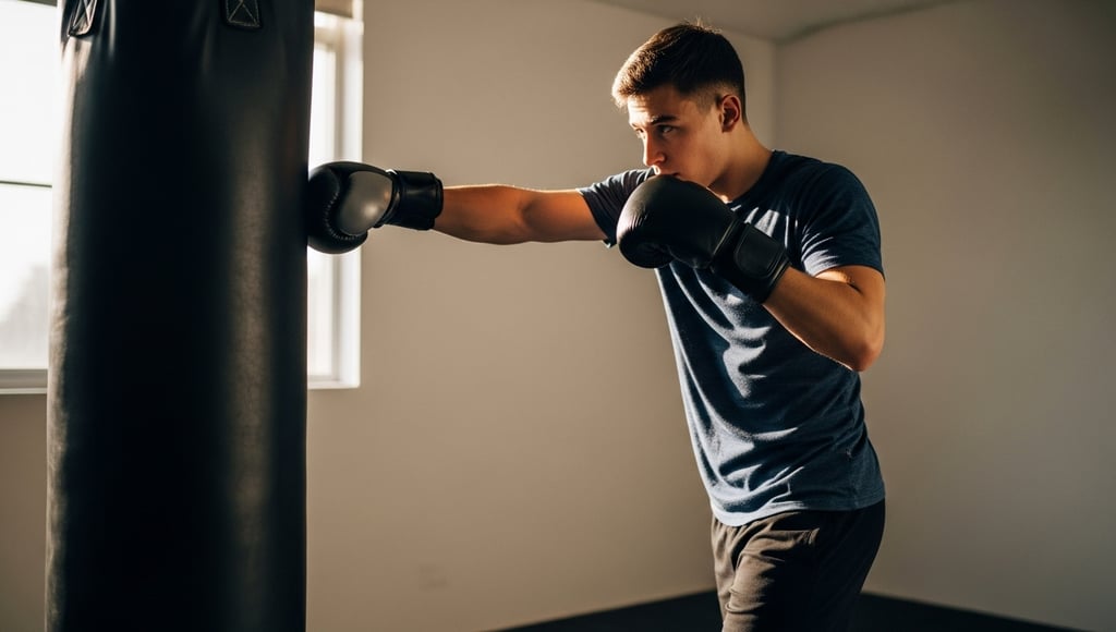 a man in a blue shirt is standing in a boxing bag