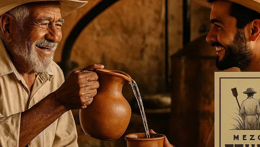 Maestro mezcalero mayor enseñando el proceso de destilación a un joven aprendiz en el palenque