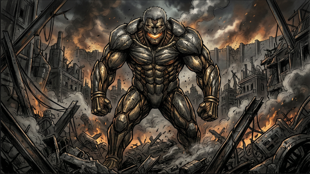 Powerful armored titan standing amidst smoking city ruins in a dramatic anime style illustration.