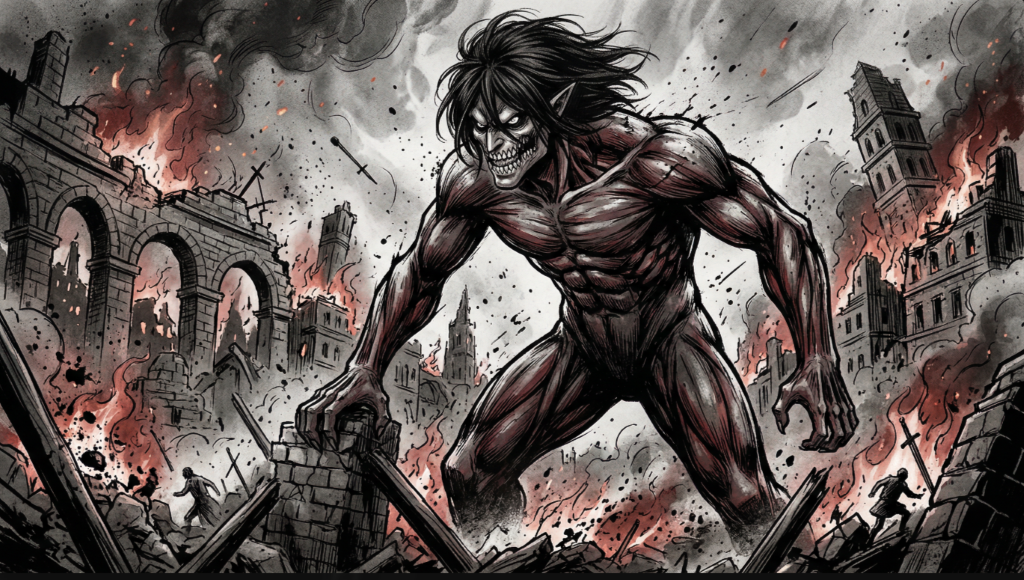 Eren Yeager Attack Titan illustration standing amidst a burning city and destroyed buildings.