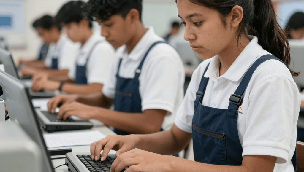 Students and instructors collaborating over a laptop displaying sustainable development goals.