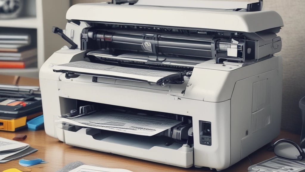 a white and black printer sitting on top of a counter