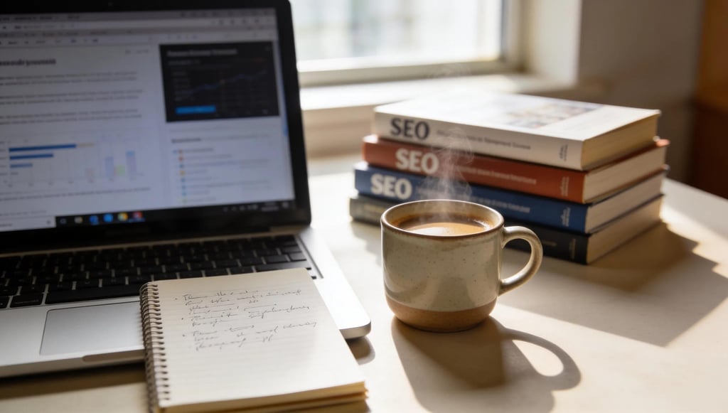 Digital Marketer's workstation with laptop, notes, coffee, and books on SEO
