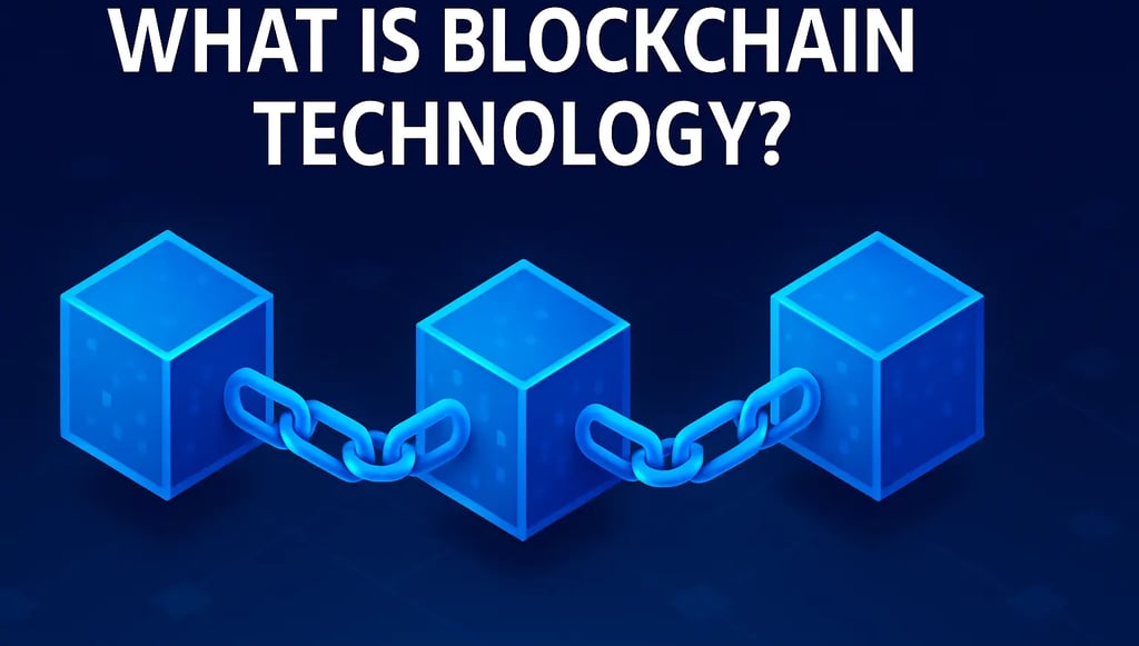 Illustration showing three glowing blue blocks connected by chains