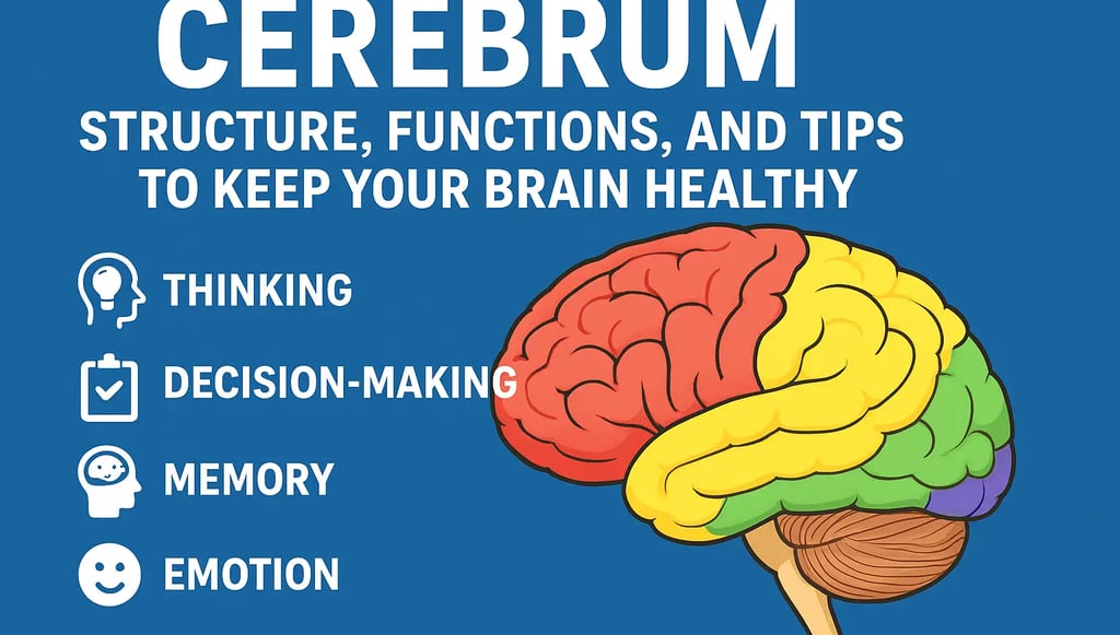 Diagram of the human cerebrum showing its four lobes with icons representing thinking