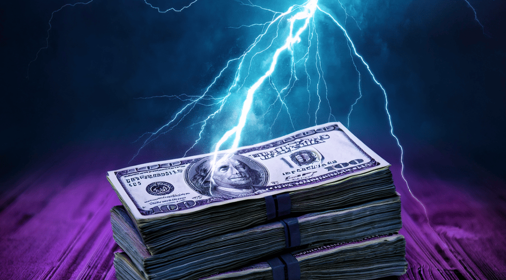 Lightening blot striking a giant wedge of cash