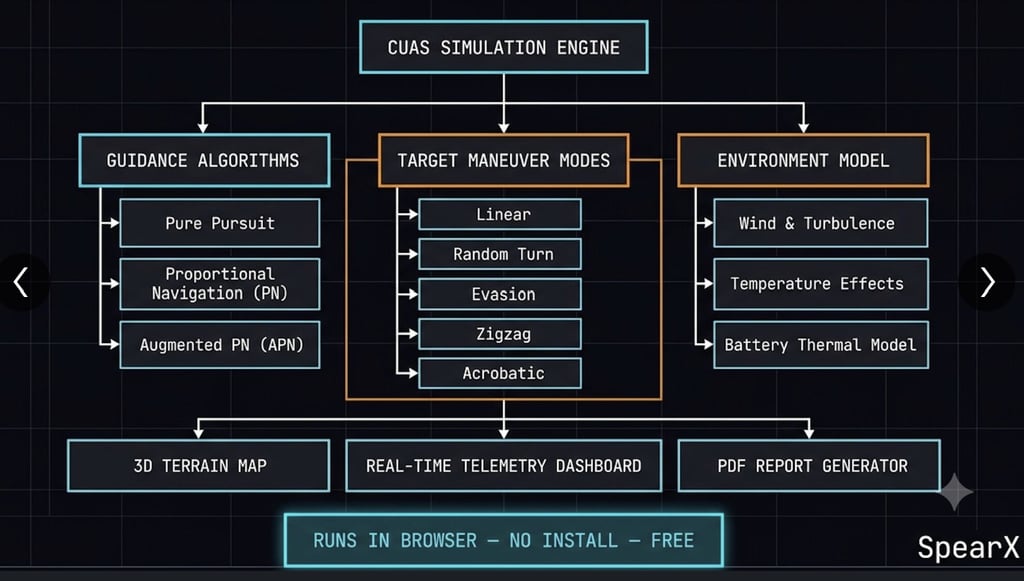 CUAS simulation engine flowchart showing guidance algorithms, target maneuver modes, and environment models.