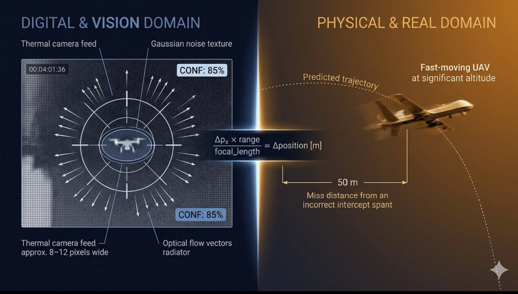 Diagram showing digital vision domain tracking a fast-moving UAV drone using thermal camera feed and optical flow vectors.