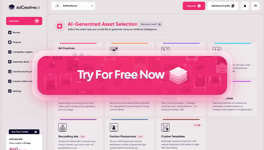 Adcreative Ai dashboard with the word Try For Free Now