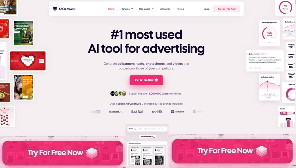 adcreative.ai website page with a bunch of different types of advertisement and try for free now