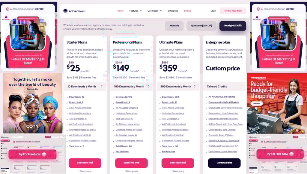a website page with adcreative.ai pricing plan on it