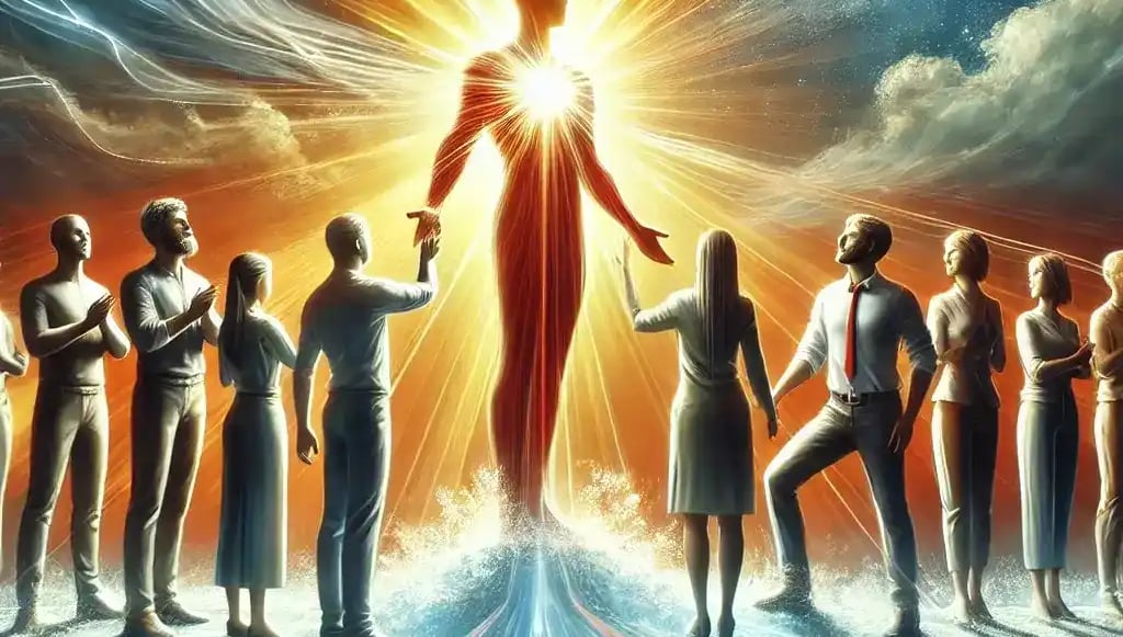 Illustration of a leader guiding a diverse team with empathy, standing at the forefront, radiating