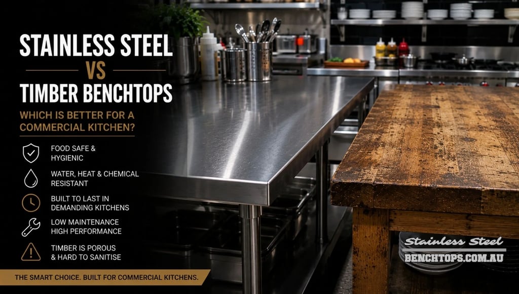 Kitchen prep areas showing the contrast of stainless steel vs timber benchtops.