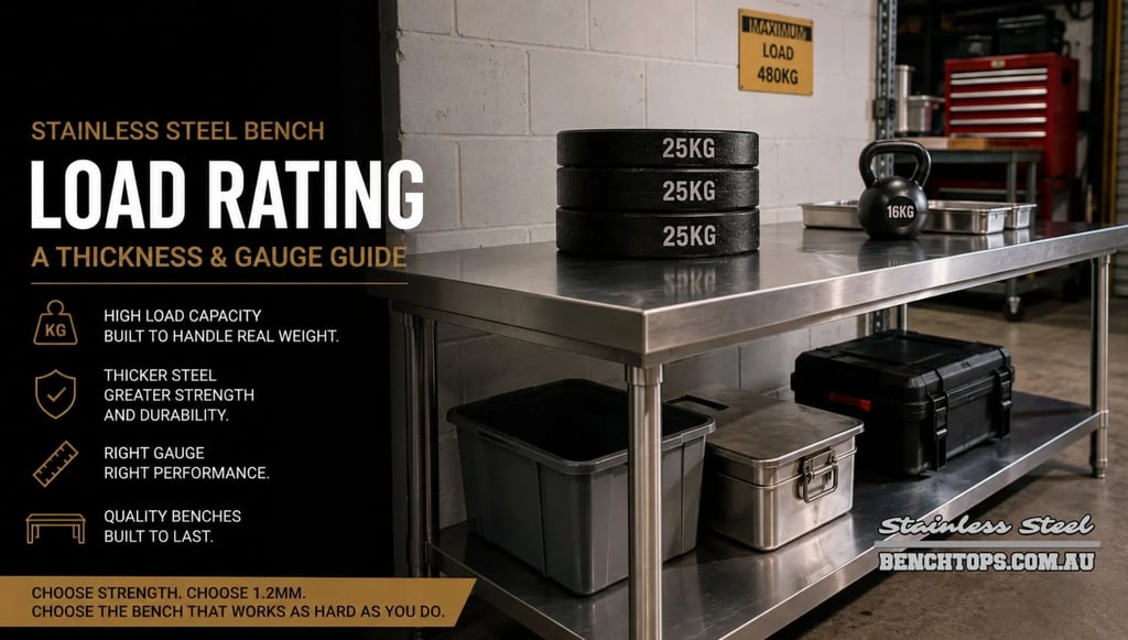 Metal weights stacked on a premium kitchen table to demonstrate stainless steel bench load rating.