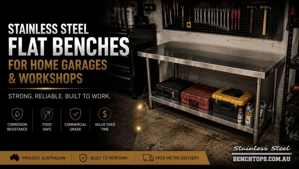Freestanding flat top stainless steel workbench inside a residential garage.