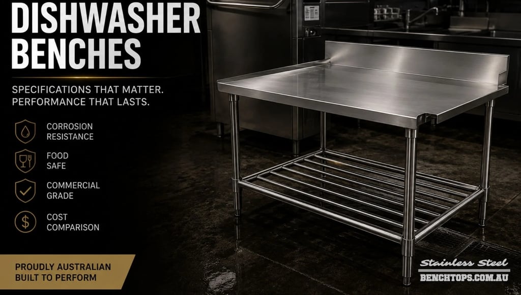 Single work table variant of commercial stainless steel dishwasher benches.