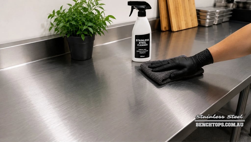 Using a microfiber cloth and spray to show how to clean a stainless steel benchtop.