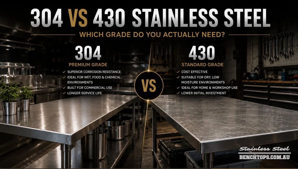 Feature checklist comparing commercial 304 vs 430 stainless steel properties.