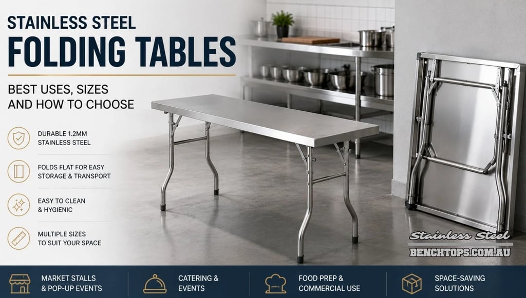 Portable Stainless Steel Folding Table displayed open and folded flat against a kitchen wall.