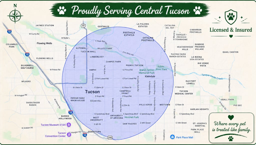 Service area map for Central Tucson dog walking and pet sitting services