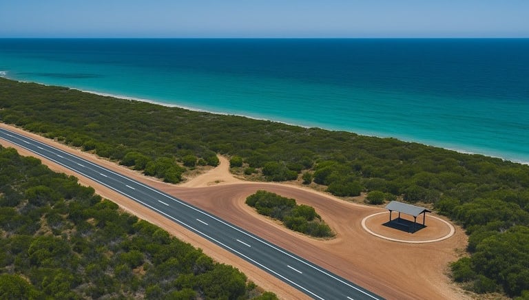 Aerial view of coastal highway with picnic shelter, side road, and turquoise Indian Ocean.