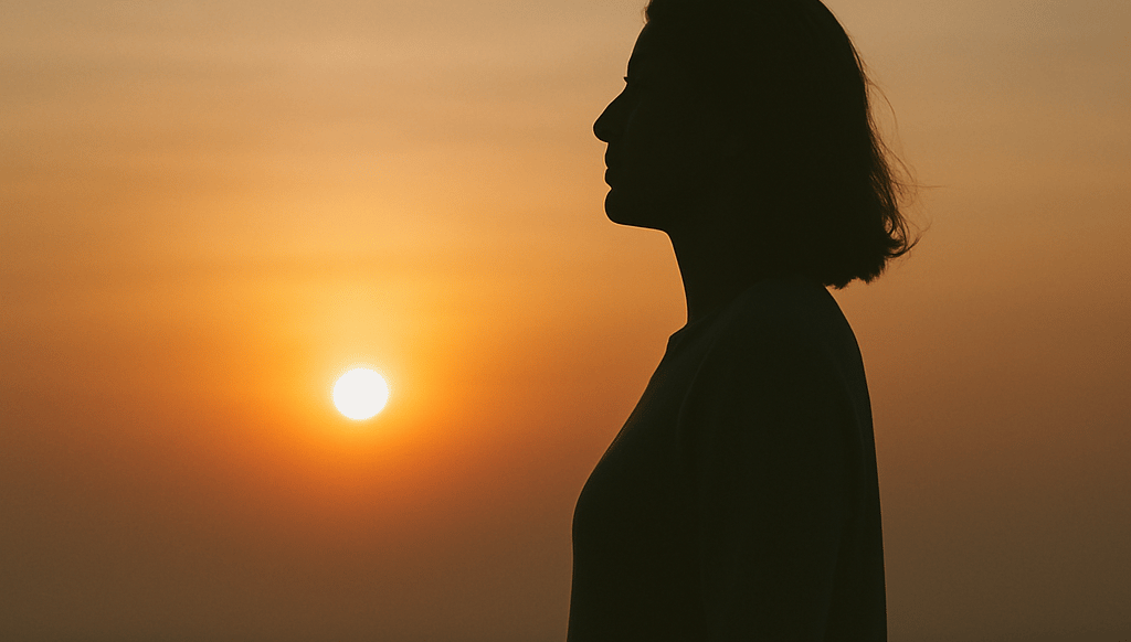 A silhouette of a woman standing quietly sunset—facing the light. A moment of calm and dignity.