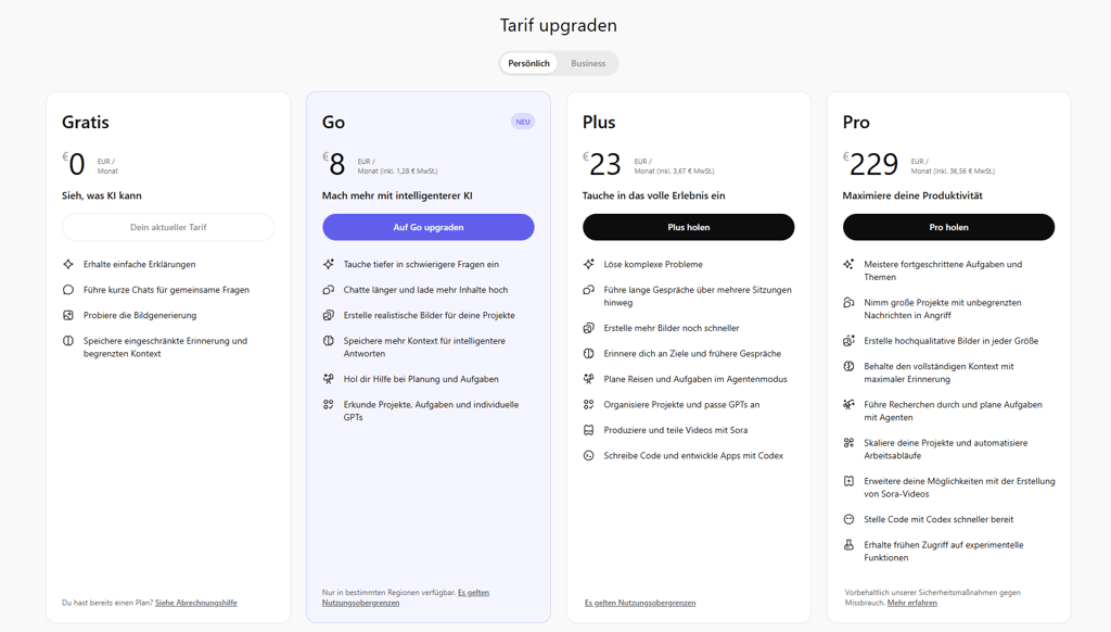 Übersicht der ChatGPT Tarife: Vergleich von Gratis, Go, Plus und Pro Versionen mit Preisen