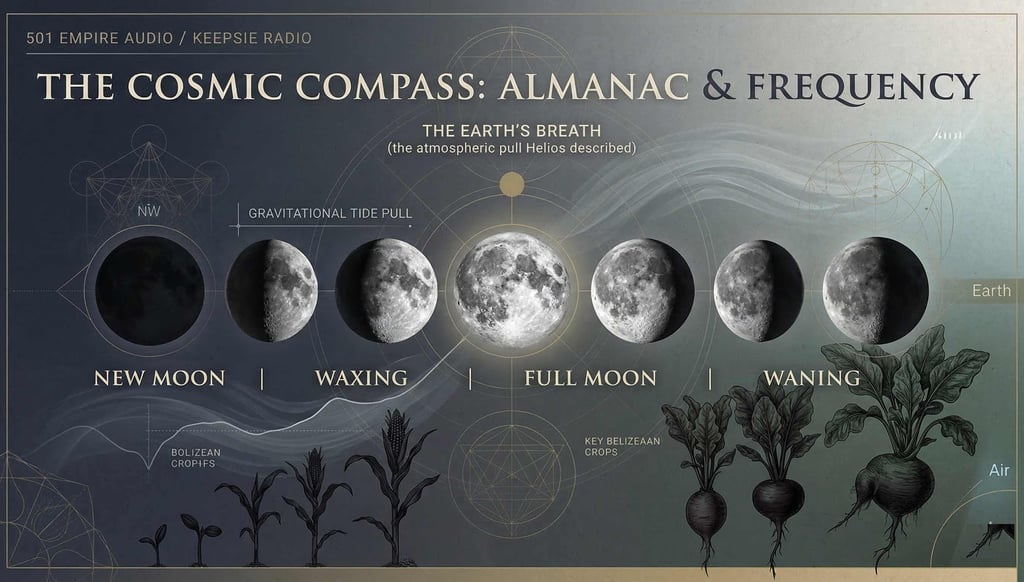 The Cosmic Compass lunar almanac showing moon phases and Belizean crop growth cycles.