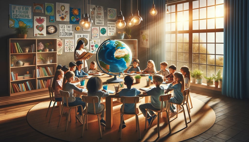 a group of people sitting around a table with a globe
