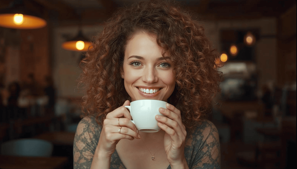 mulher cacheada tomando café representando a geração z