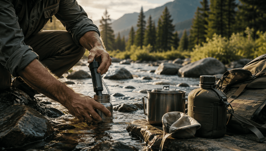 A hiker uses a portable water filter to purify river water while camping in the mountains.