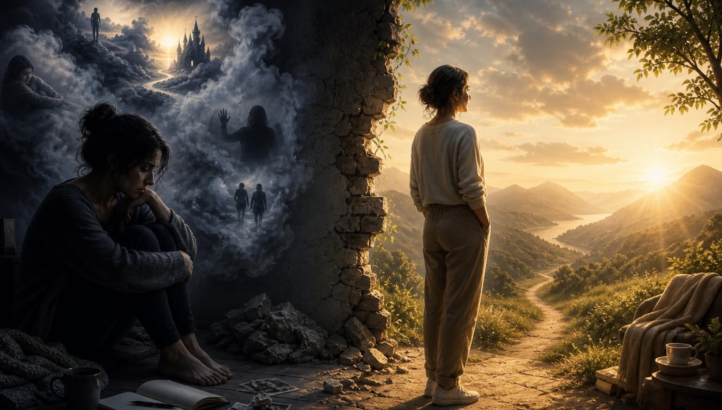 Surreal digital art of a woman moving from dark mental struggles toward a bright sunset landscape.