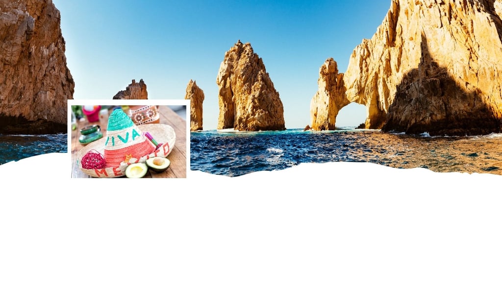 Montagem com chapéu típico mexicano e os arcos rochosos de Cabo San Lucas, ícones culturais e naturais do México vistos em cr