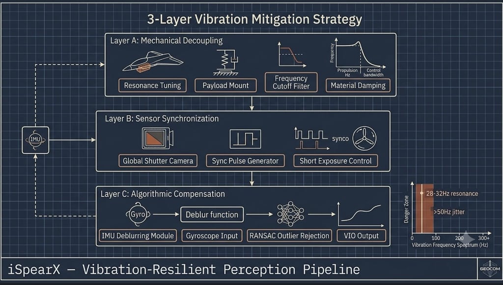 Diagram of a 3-layer vibration mitigation strategy for drone perception using mechanical decoupling and algorithmic