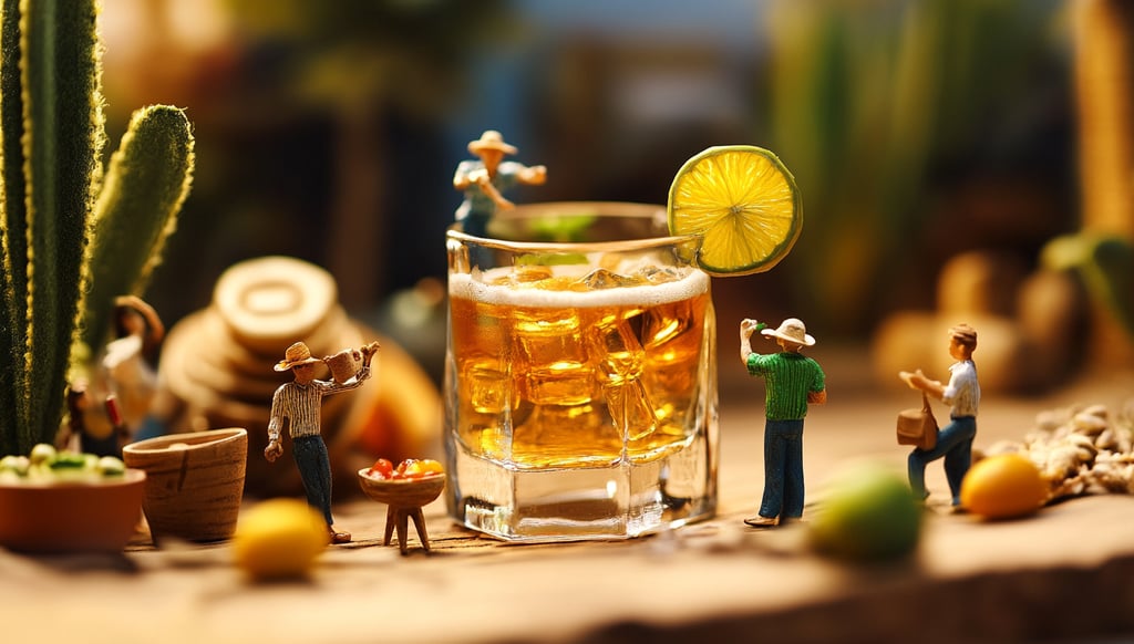 Cena em diorama com uma garrafa de cachaça artesanal em destaque, cercada por miniaturas HO scale de