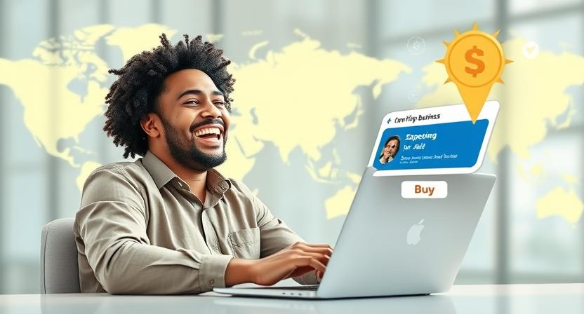 Entrepreneur excitedly buying an online business on Flippa’s secure global marketplace.
