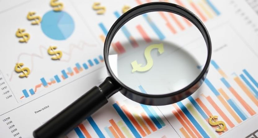Imagine a magnifying glass hovering over charts and graphs, with little dollar signs sprinkled aroun