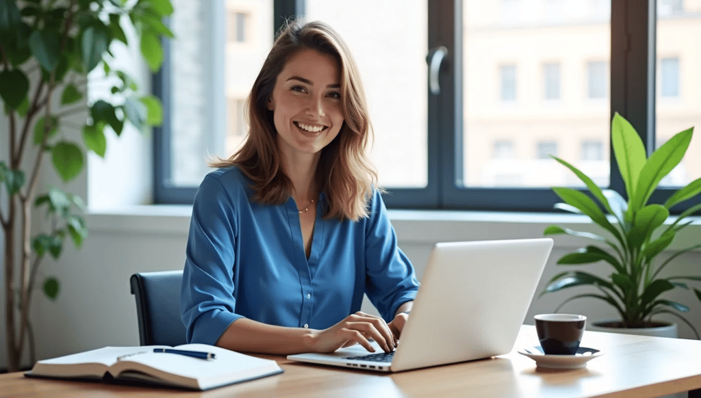 a woman sitting at a desk with a laptop computer