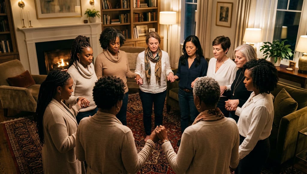A circle of diverse women holding hands in prayer