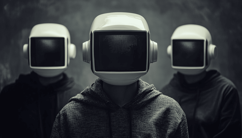 three people wearing helmets and headphones with headphones