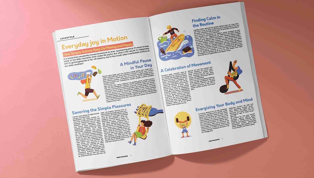 a double spread magazine showing an article and some spot illustrations