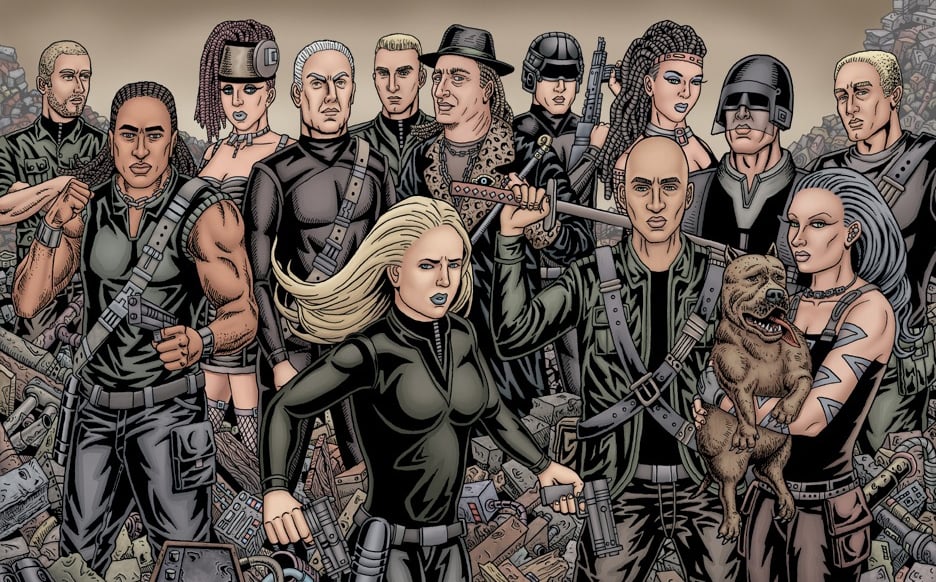 a group of people standing in front of a group of soldiers
