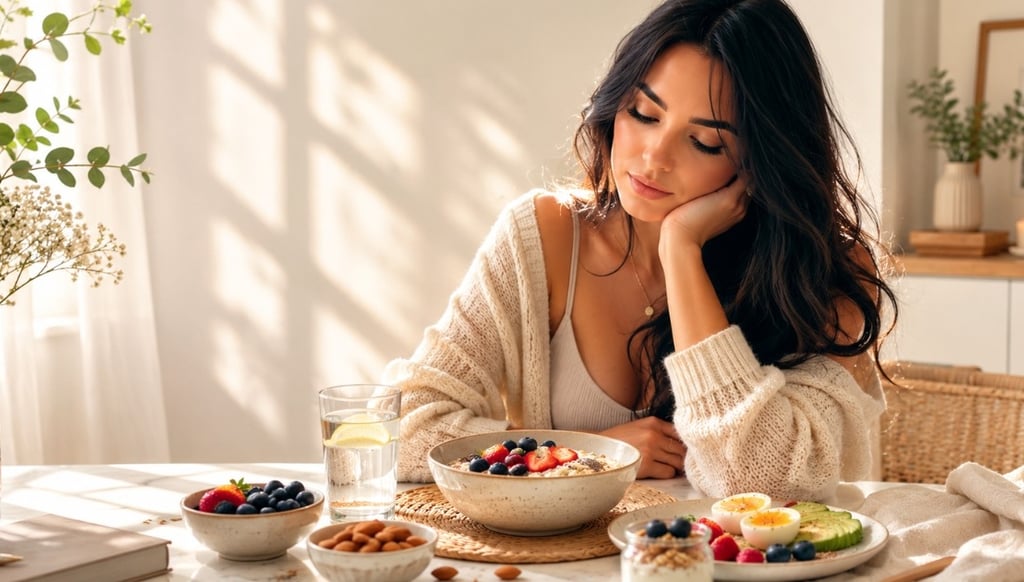 A woman eating a healthy breakfast of oatmeal, berries, and avocado in a sunlit kitchen.