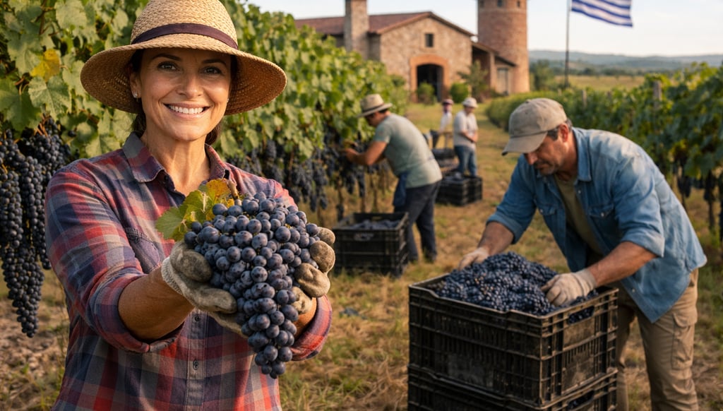 colheita de tannat - mulher sorrindo mostrando as uvas tannat