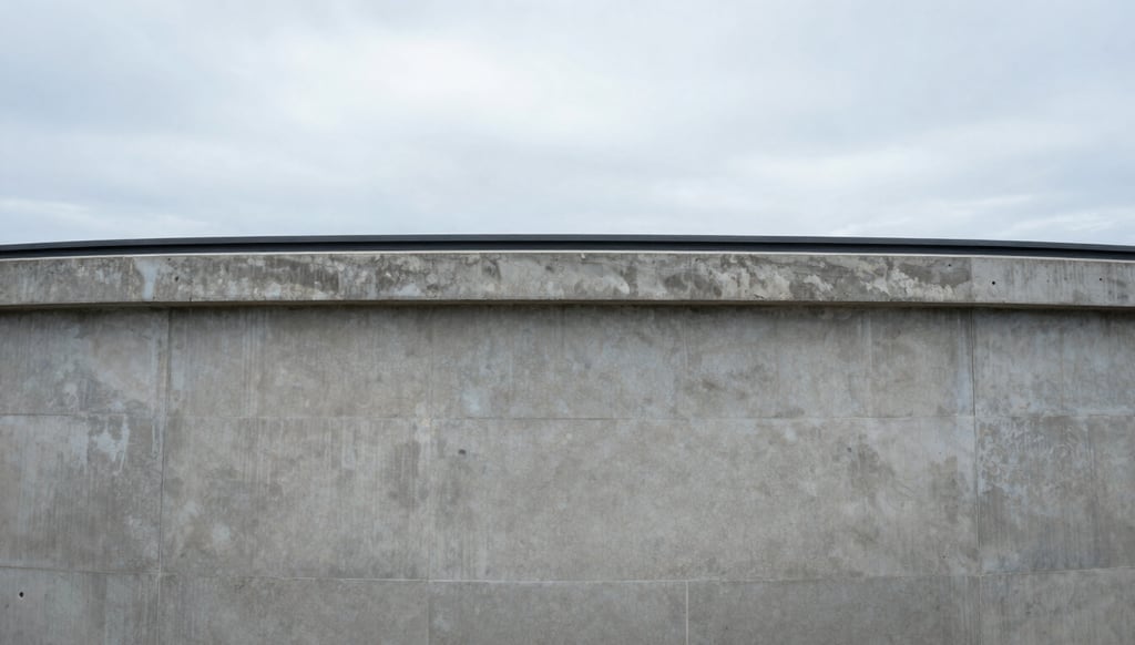 Top-down architectural elevation of a concrete water treatment basin, sharp technical focus, cool overcast daylight, desaturated gray and soft blue tones.