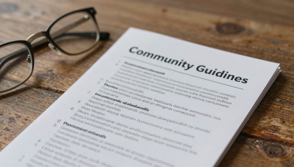 A close-up flat-lay of a printed community guidelines booklet resting on a rustic wooden table next to a pair of reading glasses, soft morning light.