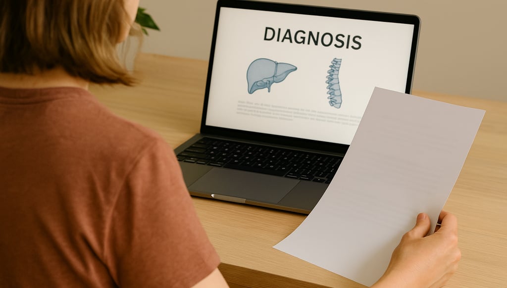Woman in her 50s reviewing health results on a laptop after a heart scan and bone density test.